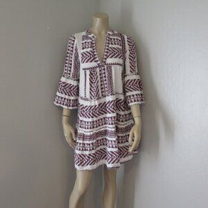 ACCESSORIZE Burgundy & White Pullover V-Neck Size S 3/4 Bell Sleeve Dress
